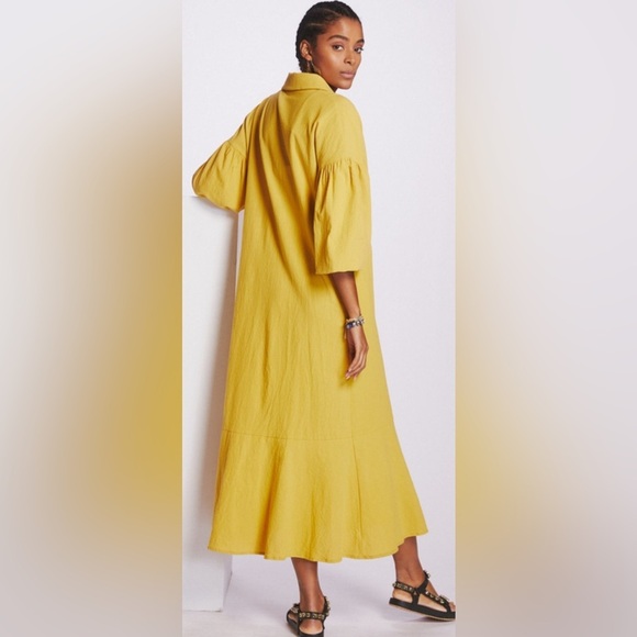 Margo Baridon Relaxed midi dress Yellow puff sleeve button down dress size large - Picture 3 of 17